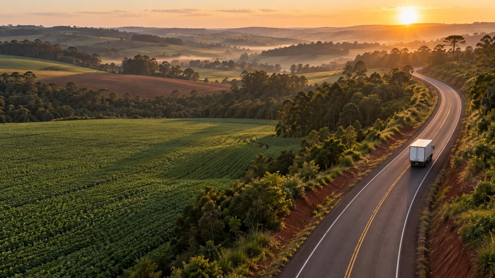 Vista aérea de uma rodovia que faz curva entre lavouras e matas, com um caminhão baú branco, ao nascer do sol