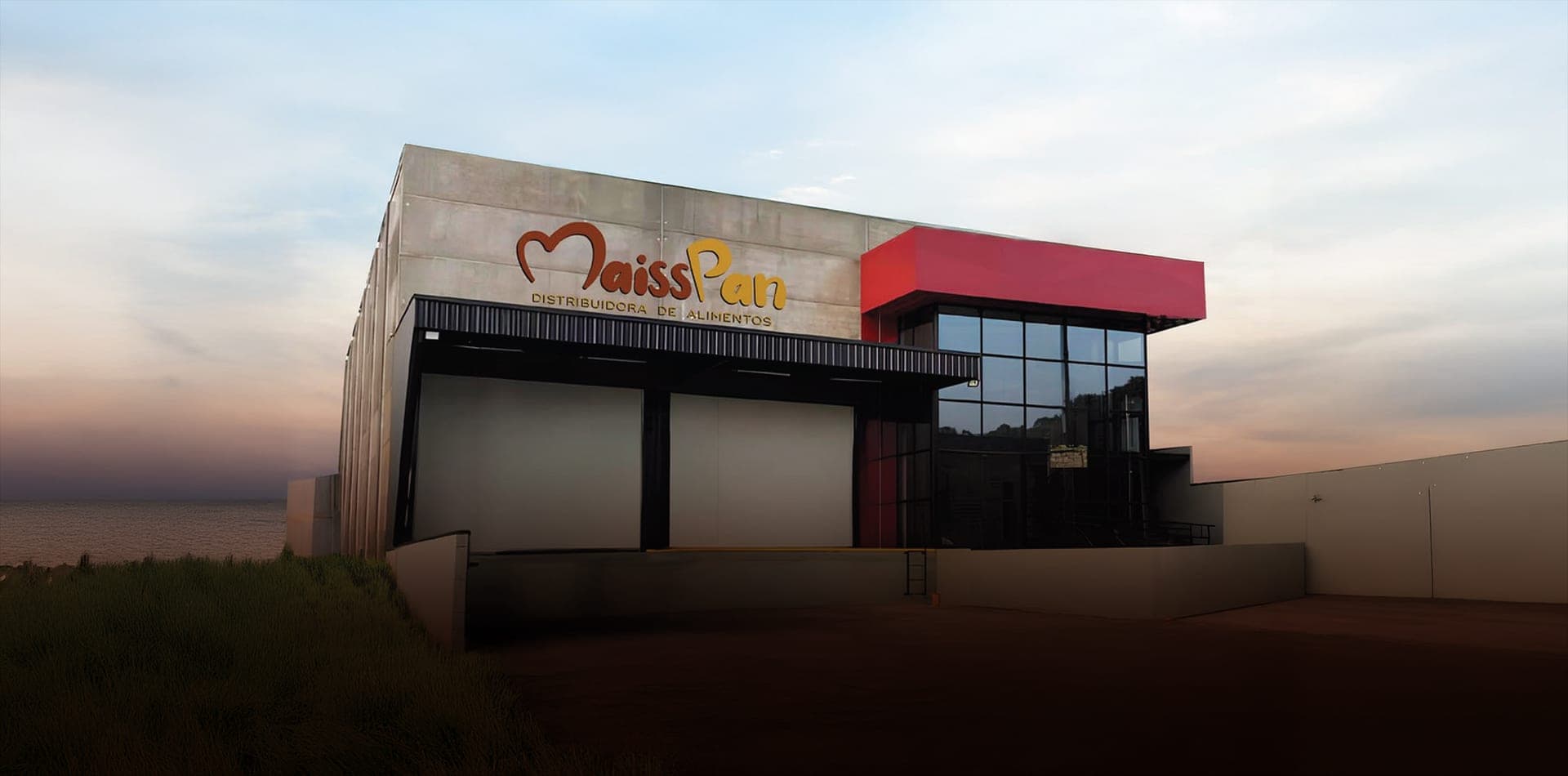 Fachada da sede da MaissPan em Francisco Beltrão, com o letreiro da marca, as docas e o bloco de vidro com marquise vermelha