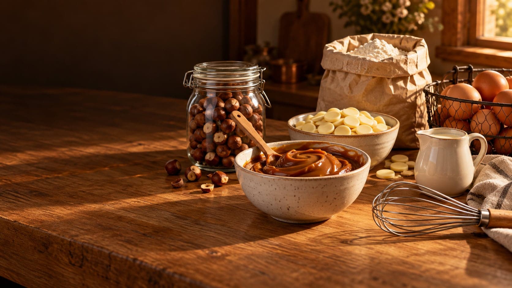 Ingredientes de confeitaria sobre um balcão de madeira: tigela de doce de leite, pote de avelãs, chocolate branco em gotas, saco de farinha e ovos