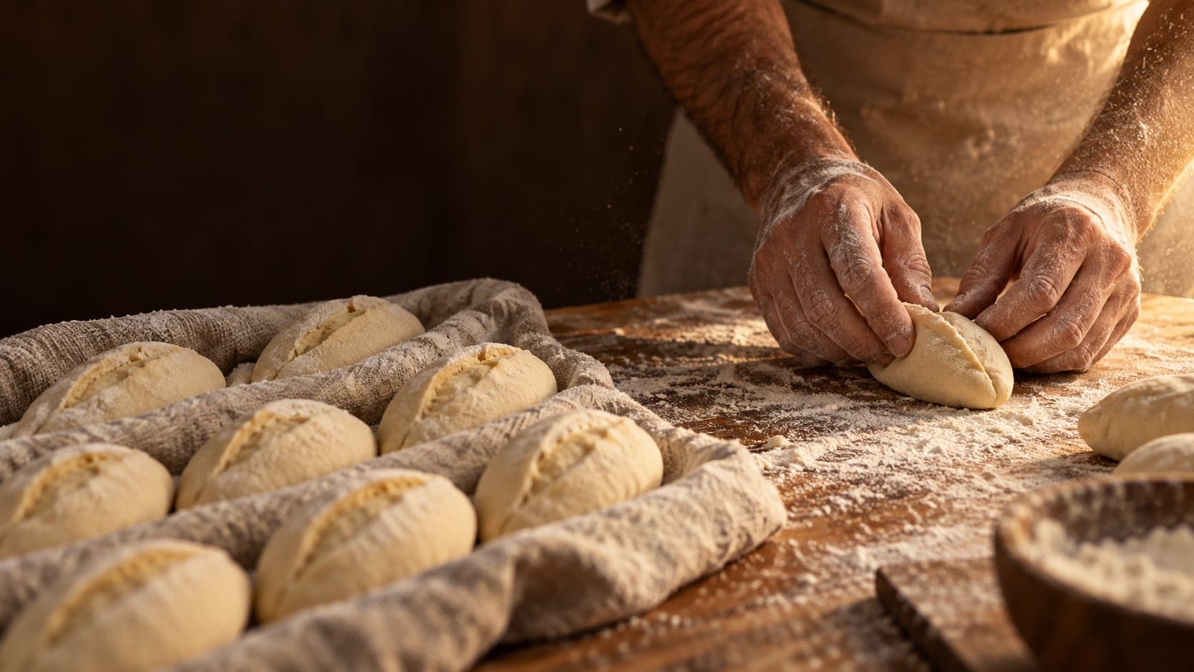 Mãos de padeiro modelando pães franceses sobre uma bancada enfarinhada, com fileiras de pães descansando num pano de linho