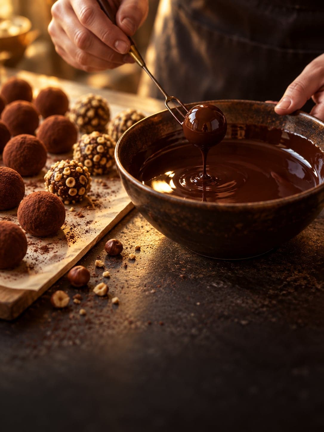 Chocolatier mergulha uma trufa no chocolate temperado com um garfinho, ao lado de trufas com cacau e avelãs