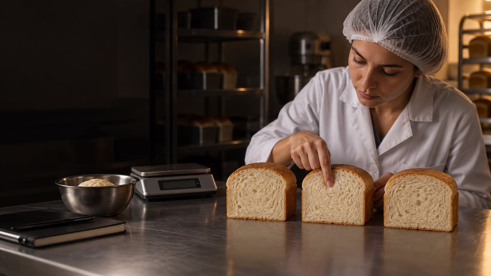 Técnica de jaleco branco compara três pães de forma numa bancada de inox, com balança e uma tigela de massa ao lado